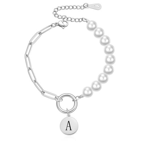 Titanium Steel Bracelet & Bangle, with Plastic Pearl, plated, letters are from A to Z & different designs for choice & for woman, original color, Sold By PC