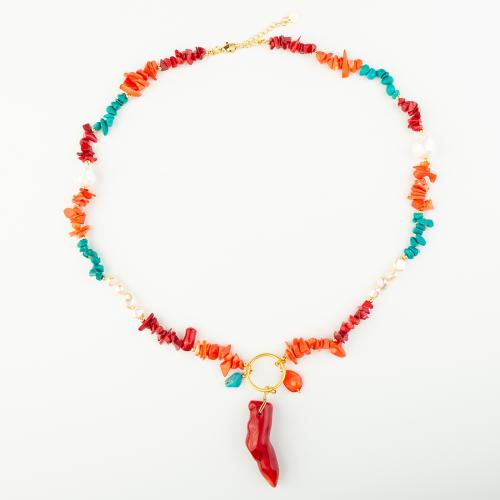 Coral Necklace, with Brass, folk style & Unisex, multi-colored, Length:Approx 33 cm, Sold By PC