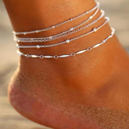 Brass Anklet, 5 pieces & fashion jewelry & for woman, silver color, Length:Approx 22 cm, Sold By Set