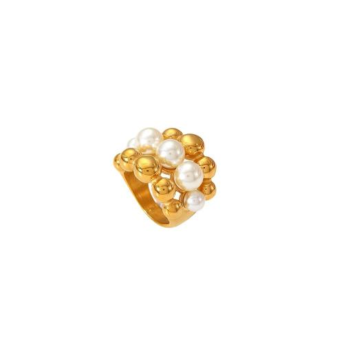 Anillo de dedo de Titantium Acero, Partículas de acero, con Perlas plásticas, 18K chapado en oro, Joyería & diverso tamaño para la opción & para mujer, dorado, Vendido por UD