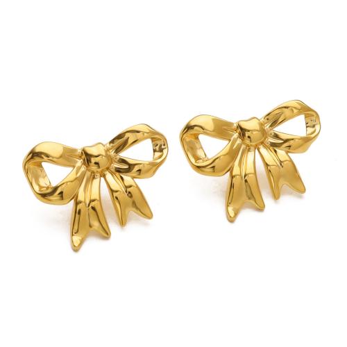 Stainless Steel Stud Earrings, 304 Stainless Steel, Bowknot, 18K gold plated, fashion jewelry & for woman, golden, 30x22mm, Sold By Pair