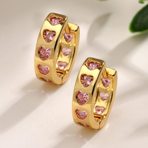 Cubic Zirconia Micro Pave Brass Earring, Heart, gold color plated, micro pave cubic zirconia & for woman, pink, nickel, lead & cadmium free, Sold By Pair