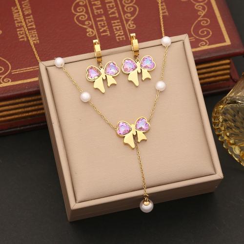 Rhinestone Stainless Steel Jewelry Set, bracelet & earring & necklace, 304 Stainless Steel, Bowknot, gold color plated, different styles for choice & for woman & with rhinestone, more colors for choice, Sold By PC