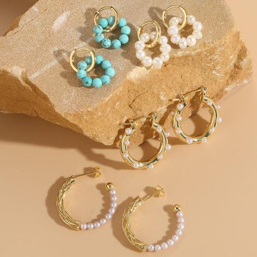 Huggie Hoop Drop Ohrringe, Messing, mit ABS-Kunststoff-Perlen, goldfarben plattiert, verschiedene Stile für Wahl & für Frau, keine, frei von Nickel, Blei & Kadmium, verkauft von Paar