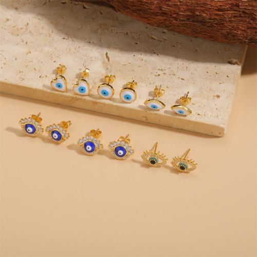 Evil Eye Earrings, Brass, gold color plated, evil eye pattern & micro pave cubic zirconia & for woman & enamel, more colors for choice, nickel, lead & cadmium free, Sold By Pair