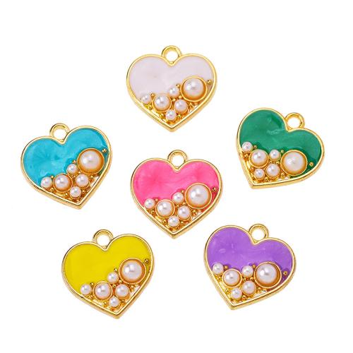 Tibetan Style Enamel Pendants, with Plastic Pearl, Heart, gold color plated, DIY, more colors for choice, nickel, lead & cadmium free, 17x17mm, 100PCs/Bag, Sold By Bag
