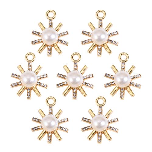 Tibetan Style Rhinestone Pendants, with Plastic Pearl, Flower, gold color plated, DIY & with rhinestone, white, nickel, lead & cadmium free, 15x18mm, 100PCs/Bag, Sold By Bag