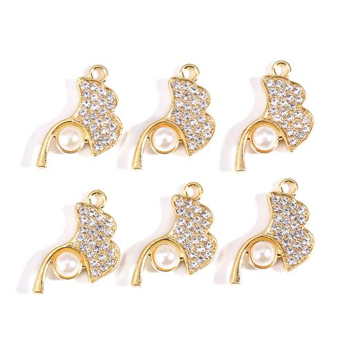 Tibetan Style Rhinestone Pendants, with Plastic Pearl, Ginkgo Leaf, gold color plated, DIY & with rhinestone, white, nickel, lead & cadmium free, 13x23mm, 100PCs/Bag, Sold By Bag