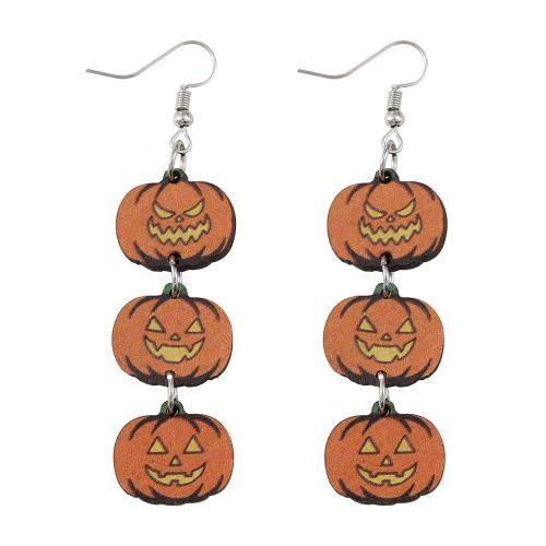 Wood Drop Earring, with 304 Stainless Steel, Pumpkin, printing, Halloween Design & for woman & double-sided, 75x20mm, Sold By Pair