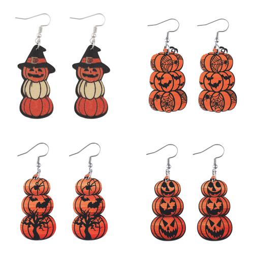 Wood Drop Earring, with 304 Stainless Steel, Pumpkin, printing, Halloween Design & different styles for choice & for woman & double-sided, Sold By Pair