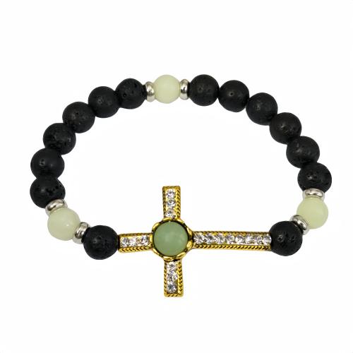 Lava Bracelet, with Natural Fluorite & Tibetan Style, Cross, Unisex & luminated & with rhinestone, more colors for choice, Inner Diameter:Approx 55mm, Sold By PC