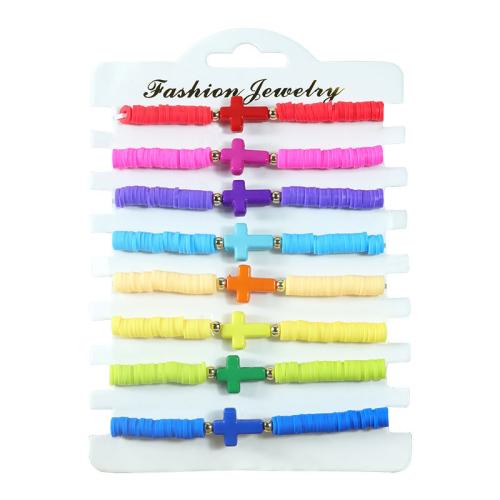 Polymer Clay Bracelet Set, with Acrylic, Cross, handmade, 8 pieces & Unisex, more colors for choice, Length:Approx 7-12 Inch, Sold By Set