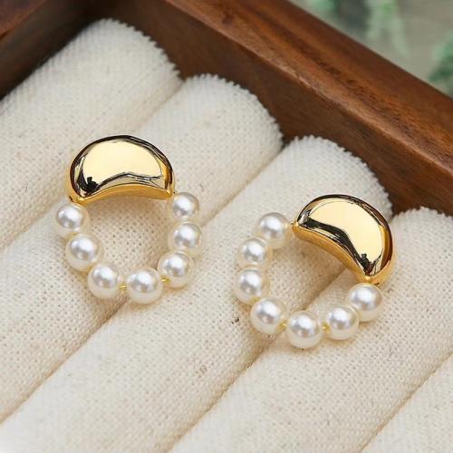 Tibetan Style Stud Earring, with Plastic Pearl, 18K gold plated, fashion jewelry & for woman, white, 25mm, Sold By Pair
