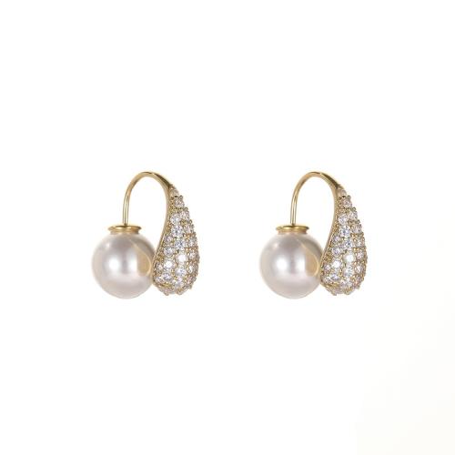 Brass Stud Earring, with Plastic Pearl, fashion jewelry & for woman & with rhinestone, golden, 20mm, Sold By Pair