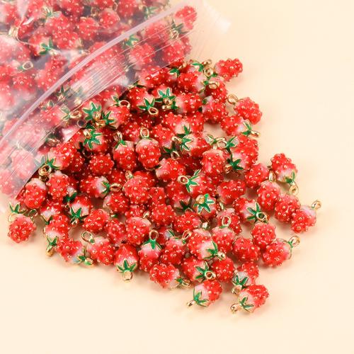 Tibetan Style Fruit Shape Pendants, with Resin, Strawberry, gold color plated, DIY, red, nickel, lead & cadmium free, 13x7mm, 100PCs/Bag, Sold By Bag