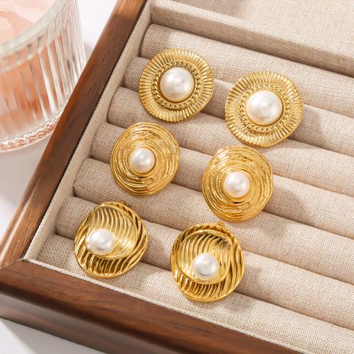 Stainless Steel Stud Earrings, 304 Stainless Steel, with Plastic Pearl, gold color plated, different styles for choice & for woman, more colors for choice, Sold By Pair