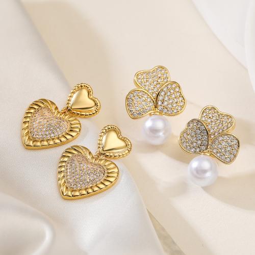 Cubic Zirconia Micro Pave Brass Earring, with Plastic Pearl, gold color plated, fashion jewelry & different designs for choice & micro pave cubic zirconia, golden, nickel, lead & cadmium free, Sold By Pair