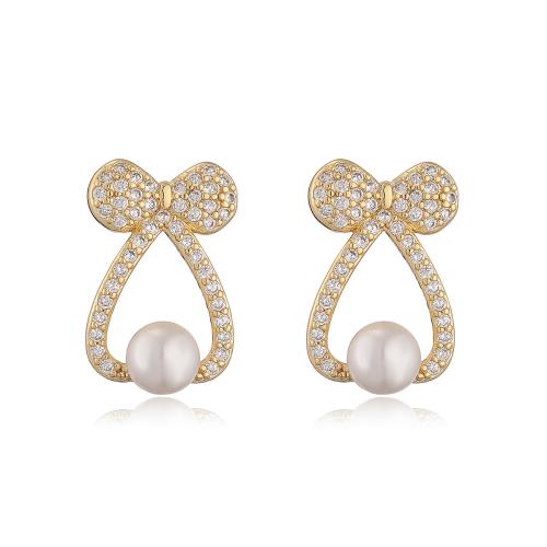 Cubic Zirconia Micro Pave Brass Earring, with Plastic Pearl, gold color plated, fashion jewelry & micro pave cubic zirconia, more colors for choice, nickel, lead & cadmium free, 9x15mm, Sold By Pair