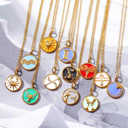 Stainless Steel Jewelry Necklace, 304 Stainless Steel, with 5cm extender chain, 18K gold plated, Zodiac symbols jewelry & Unisex & enamel & with rhinestone, Length:45 cm, Sold By PC