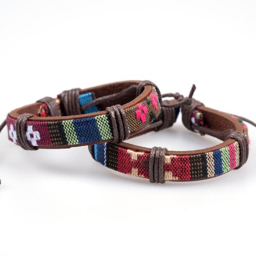 Leather Cord Bracelet, Cotton Fabric, with Wax Cord, Unisex, brown, Length:Approx 18 cm, Sold By PC