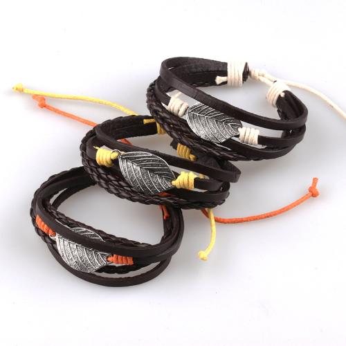Leather Cord Bracelet, Tibetan Style, with Full Grain Cowhide Leather & Wax Cord, Unisex, more colors for choice, Length:Approx 18 cm, Sold By PC