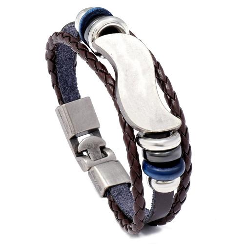 PU Leather Cord Bracelets, Tibetan Style, with PU Leather & Wood & Copper Coated Plastic, Unisex, more colors for choice, Length:Approx 20 cm, Sold By PC
