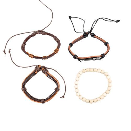 PU Leather Cord Bracelets, Tibetan Style, with PU Leather & Wax Cord & Wood, 4 pieces & Unisex, brown, Length:Approx 17-18 cm, Sold By Set