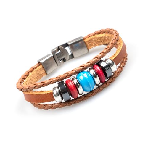 PU Leather Cord Bracelets, Tibetan Style, with Full Grain Cowhide Leather & Porcelain & PU Leather, handmade, Unisex, brown, Length:Approx 20 cm, Sold By PC