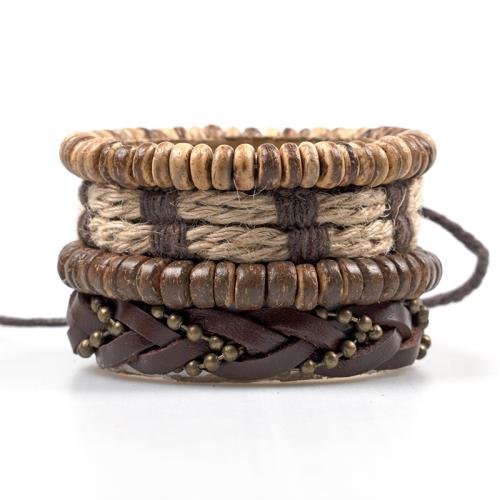 Leather Cord Bracelet, Tibetan Style, with Full Grain Cowhide Leather & Linen & Coco, handmade, Unisex, brown, Length:Approx 17-18 cm, Sold By Set