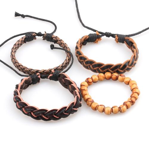 Fashion Create Wax Cord Bracelets, Tibetan Style, with Full Grain Cowhide Leather & Wax Cord & Wood, handmade, Unisex, mixed colors, Length:Approx 17-18 cm, Sold By PC
