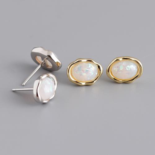 925 Sterling Silver Stud Earrings, with Opal, for woman, more colors for choice, 10x8mm, Sold By Pair