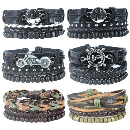 PU Leather Bracelet Set, with Wax Cord & Wood & Tibetan Style, handmade, vintage & multilayer & different styles for choice & for man, Length:Approx 7.1-11.8 Inch, Sold By Set