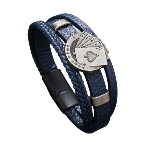 PU Leather Bracelet, with Tibetan Style, Poker, multilayer & punk style & Unisex, more colors for choice, Length:Approx 8.3 Inch, Sold By PC