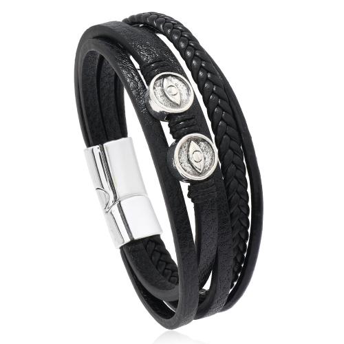 PU Leather Bracelet, with Tibetan Style, Evil Eye, handmade, multilayer & punk style & Unisex, more colors for choice, Length:Approx 8.26 Inch, Sold By PC