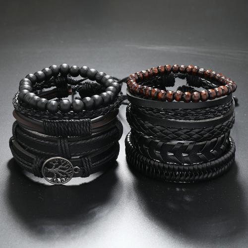 PU Leather Bracelet Set, with Cowhide & Wood & Tibetan Style, Tree, handmade, multilayer & punk style & Unisex & different styles for choice, Sold By Set