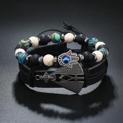 PU Leather Bracelet, with Gemstone & Tibetan Style, Evil Eye Hamsa, handmade, vintage & multilayer & Unisex, more colors for choice, Sold By PC