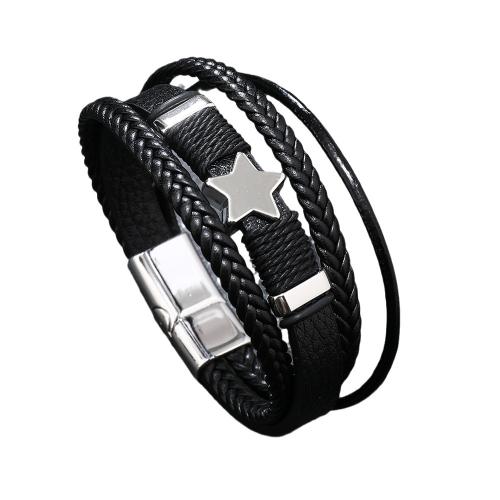 PU Leather Bracelet, with Tibetan Style, Star, handmade, vintage & multilayer & Unisex, more colors for choice, Length:Approx 8.26 Inch, Sold By PC