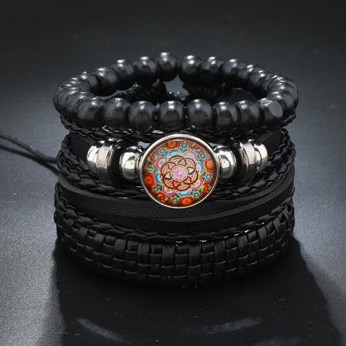 cuir PU Set de bracelet, avec verre & alliage de zinc, fait à la main, Vintage & multicouche & unisexe, noire, Vendu par fixé