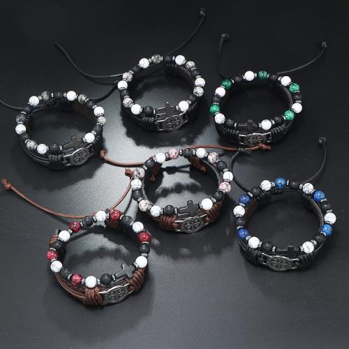 PU Leather Bracelet Set, with Glass Beads & Gemstone & Tibetan Style, Cross, handmade, vintage & Unisex, more colors for choice, Sold By Set