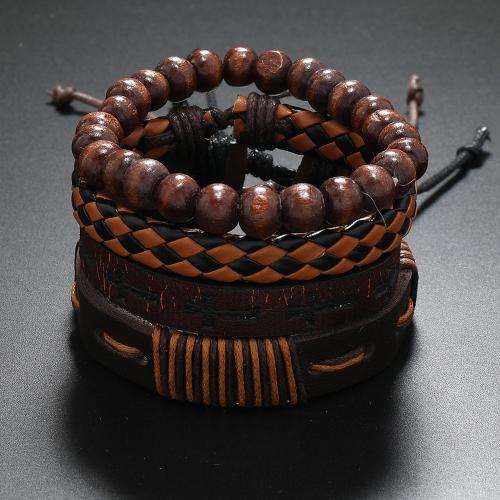 PU Leather Bracelet Set, with Leather & Wood & Tibetan Style, handmade, vintage & multilayer & Unisex & different styles for choice, Length:Approx 7-11 Inch, Sold By Set