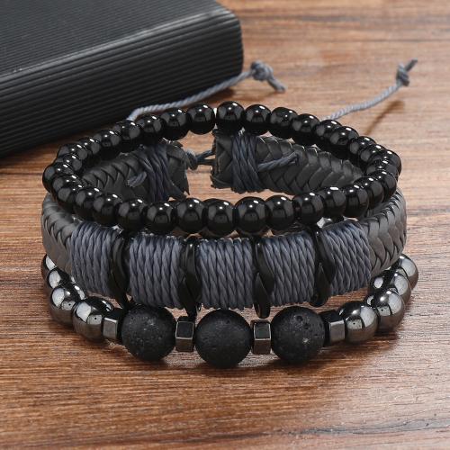 PU Leather Bracelet Set, with Glass & Tibetan Style, handmade, multilayer & different styles for choice & for man, Length:Approx 6.5-7.5 Inch, Sold By Set