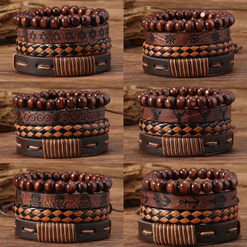 cuir PU Set de bracelet, avec corde de cire & bois, fait à la main, Vintage & multicouche & unisexe & styles différents pour le choix, 180x60mm, Vendu par fixé