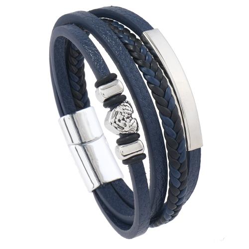 PU Leather Bracelet, with Tibetan Style, Heart, handmade, multilayer & for man, more colors for choice, Length:Approx 8.5-8.7 Inch, Sold By PC