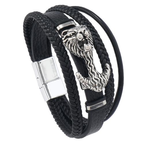 PU Leather Bracelet, with Tibetan Style, Lion, handmade, multilayer & punk style & for man, more colors for choice, Length:Approx 8.5-8.7 Inch, Sold By PC