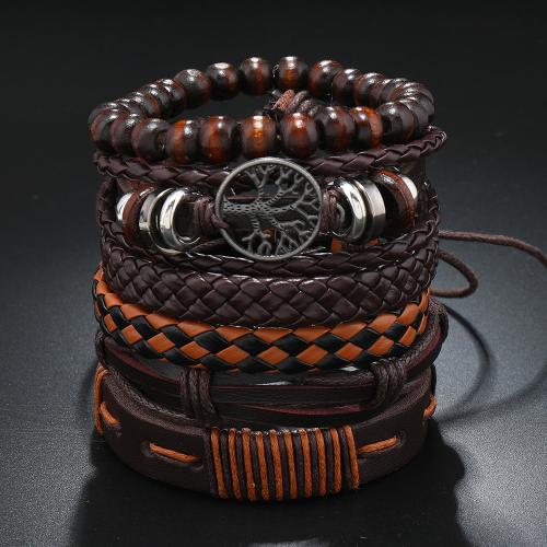 PU Leather Bracelet Set, with Wood & Tibetan Style, Tree, handmade, multilayer & for man, coffee color, Sold By Set