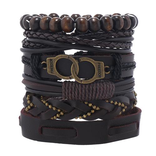 PU Leather Bracelet Set, with Wood & Tibetan Style, handmade, multilayer & different styles for choice & for man, Length:Approx 7-11 Inch, Sold By Set