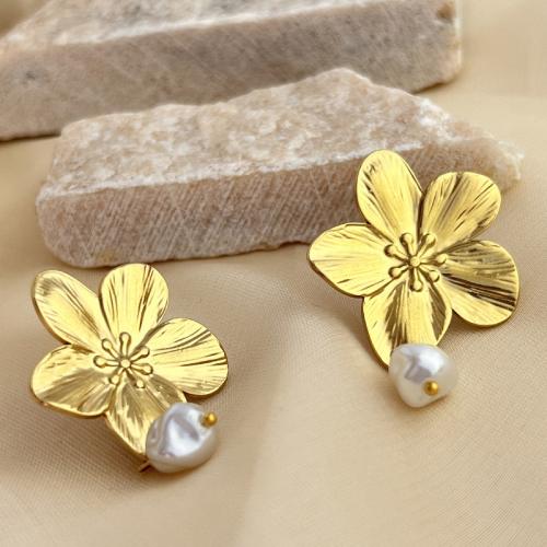 Stainless Steel Stud Earrings 304 Stainless Steel with 201 Stainless Steel & Plastic Pearl fashion jewelry & for woman golden Sold By Pair