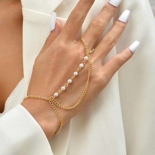 Tibetan Style Bracelet Ring, with Plastic Pearl, with 5cm extender chain, fashion jewelry & for woman, golden, Length:Approx 16 cm, Sold By PC