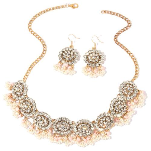 Tibetan Style Jewelry Sets, earring & necklace, with Plastic Pearl, 2 pieces & fashion jewelry & for woman & with rhinestone, more colors for choice, Length:Approx 40 cm, Sold By Set