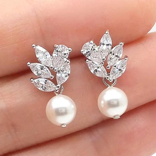 Cubic Zirconia Micro Pave Brass Earring, with Plastic Pearl, fashion jewelry & micro pave cubic zirconia & for woman, 20x8.50mm, Sold By Pair